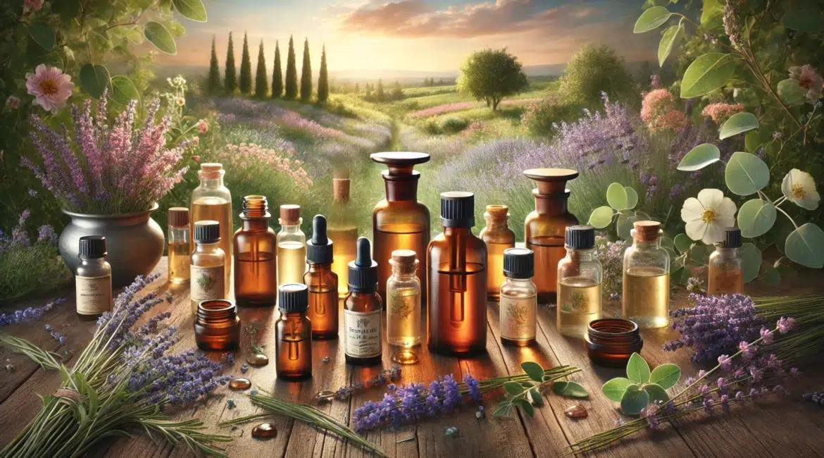 A landscape image showcasing a variety of essential oils