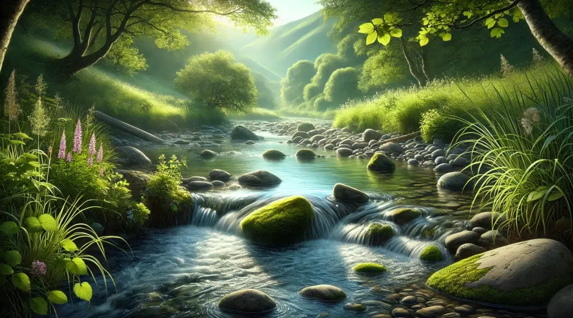 DA serene landscape featuring a gently flowing stream or river