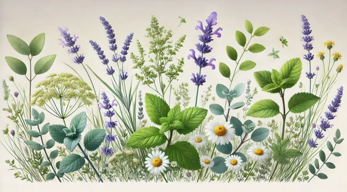 DAA serene and artistic landscape image displaying only the plants and flowers associated with five essential oils